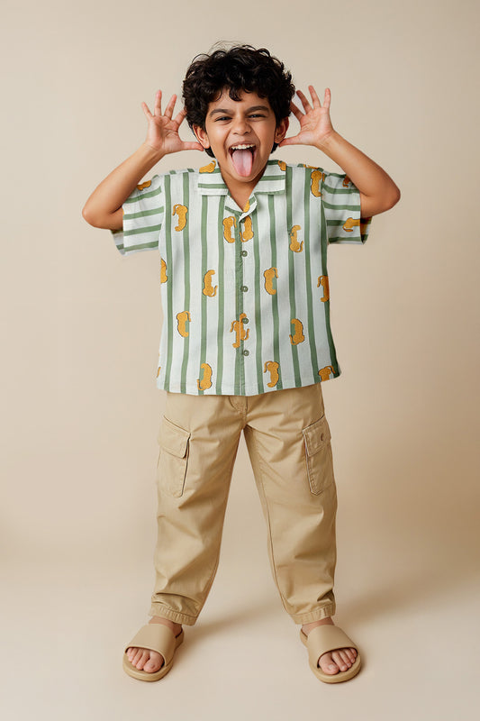 Boys Olive Cotton Animal Print Shirt