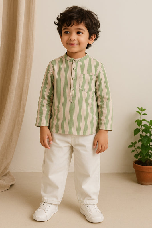 Boys Cotton Olive Green Striped Loose Fit Kurta Shirt