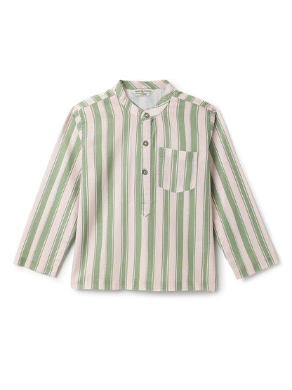 Boys Cotton Olive Green Striped Loose Fit Kurta Shirt