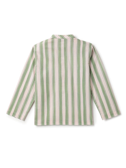 Boys Cotton Olive Green Striped Loose Fit Kurta Shirt