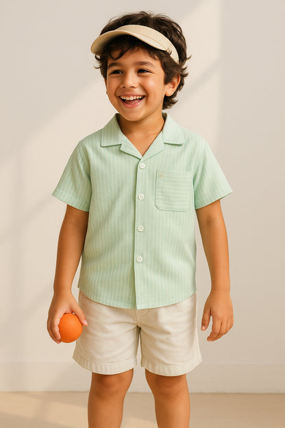 Boys Cotton Green Striped Shirt