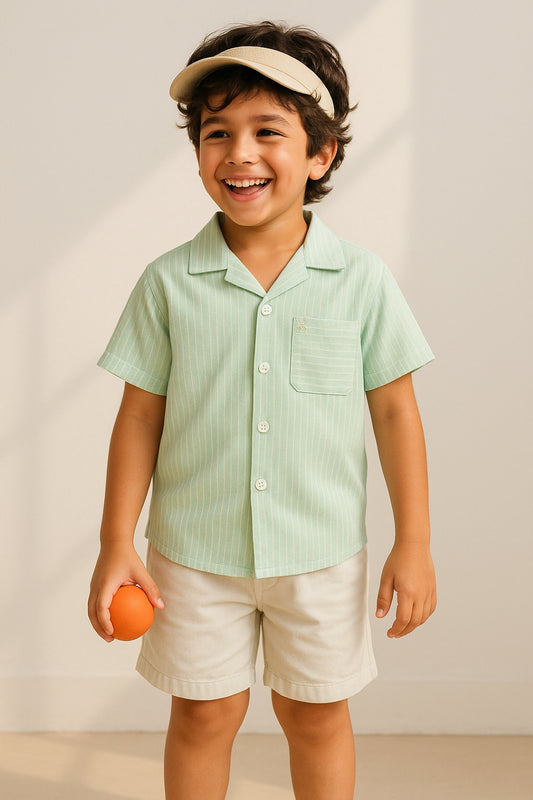 Boys Cotton Green Striped Shirt