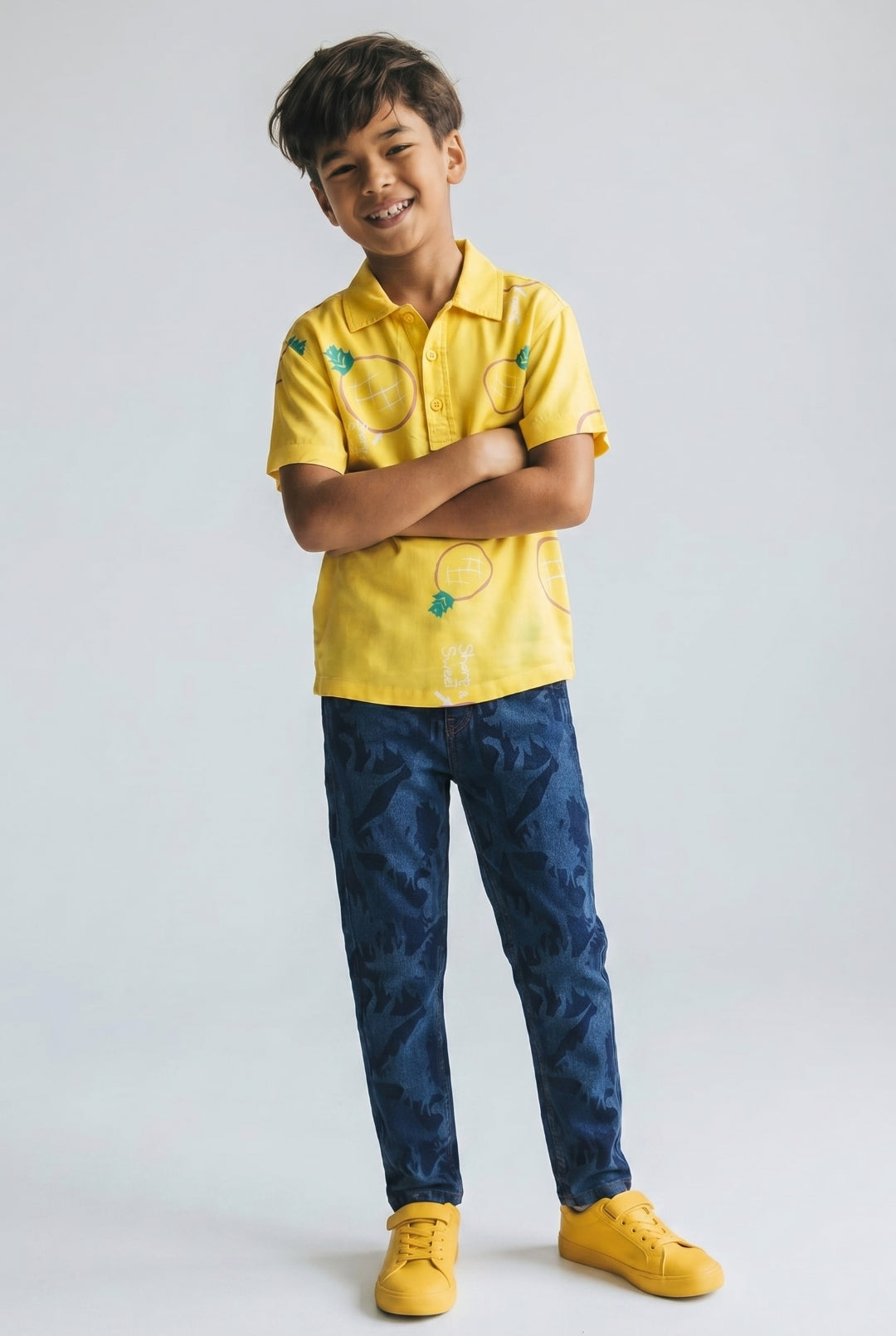 Boys Yellow Printed Shirt With Blue Denim Jeans Clothing Set