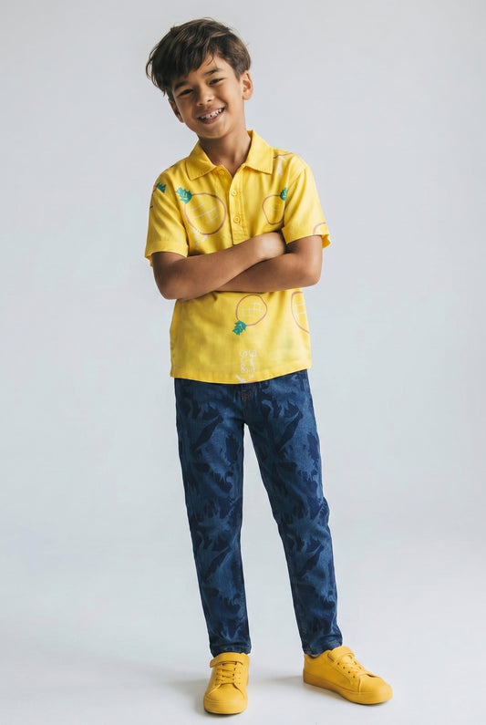 Boys Yellow Printed Shirt With Blue Denim Jeans Clothing Set