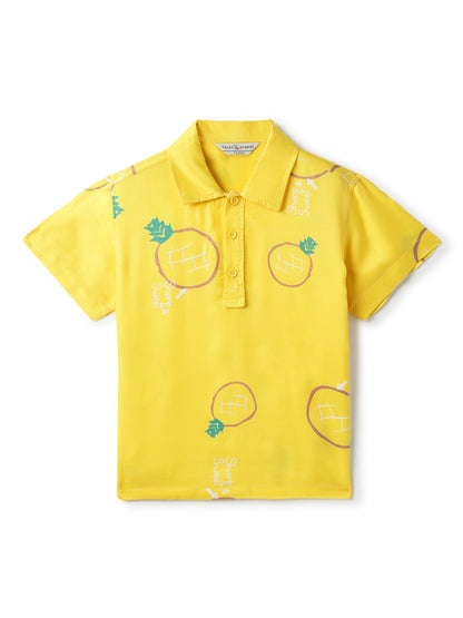 Boys Cotton Yellow Printed Shirt With Blue Denim Washed Slim Fit Jeans