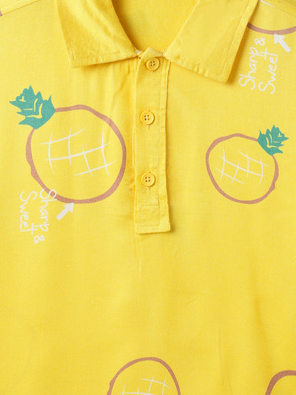 Boys Cotton Yellow Printed Shirt With Blue Denim Washed Slim Fit Jeans