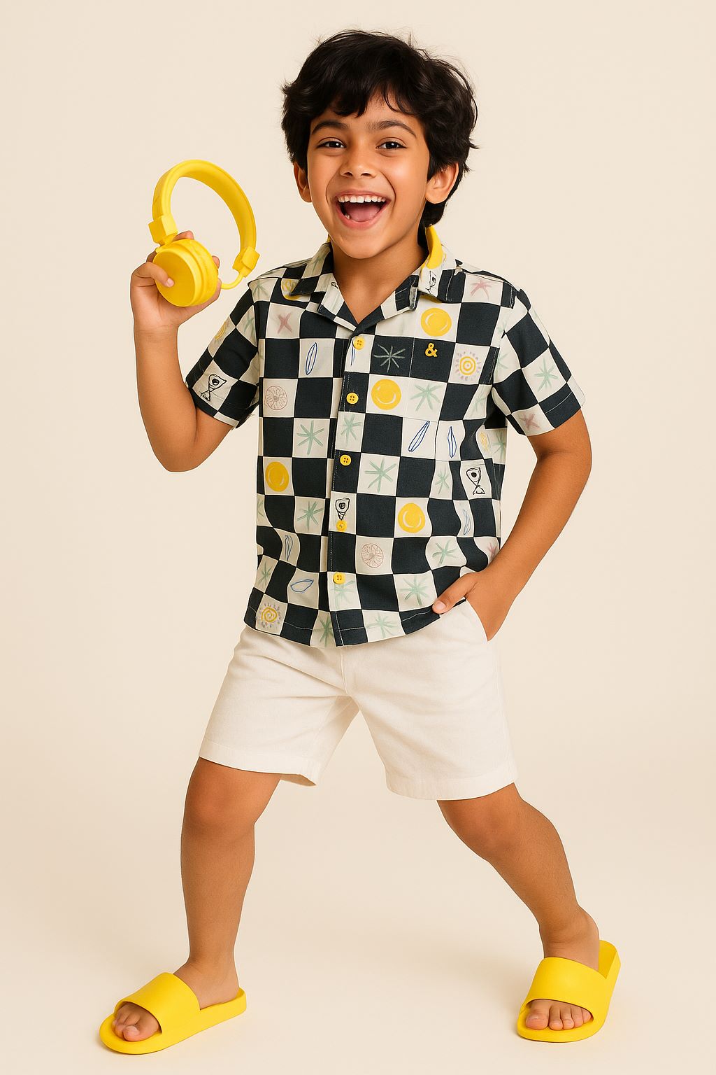 Boys White & Black Cotton Print Shirt