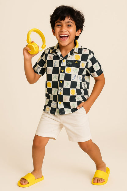 Boys White & Black Cotton Print Shirt