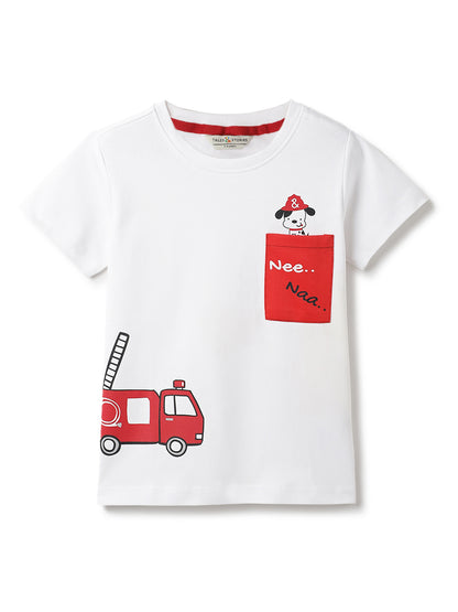 Boys White Cotton Printed T-shirt