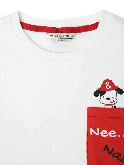 Boys White Cotton Printed T-shirt