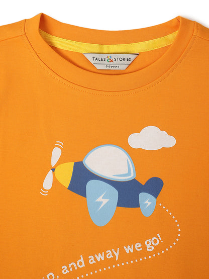 Boys Orange Cotton Printed T-shirt