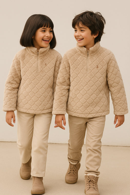 Boys & Girls Beige Solid Polyester Fur Jacket