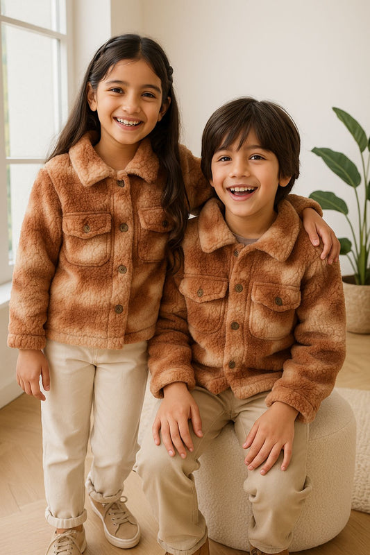 Boys & Girls Brown Solid Polyester Fur Jacket