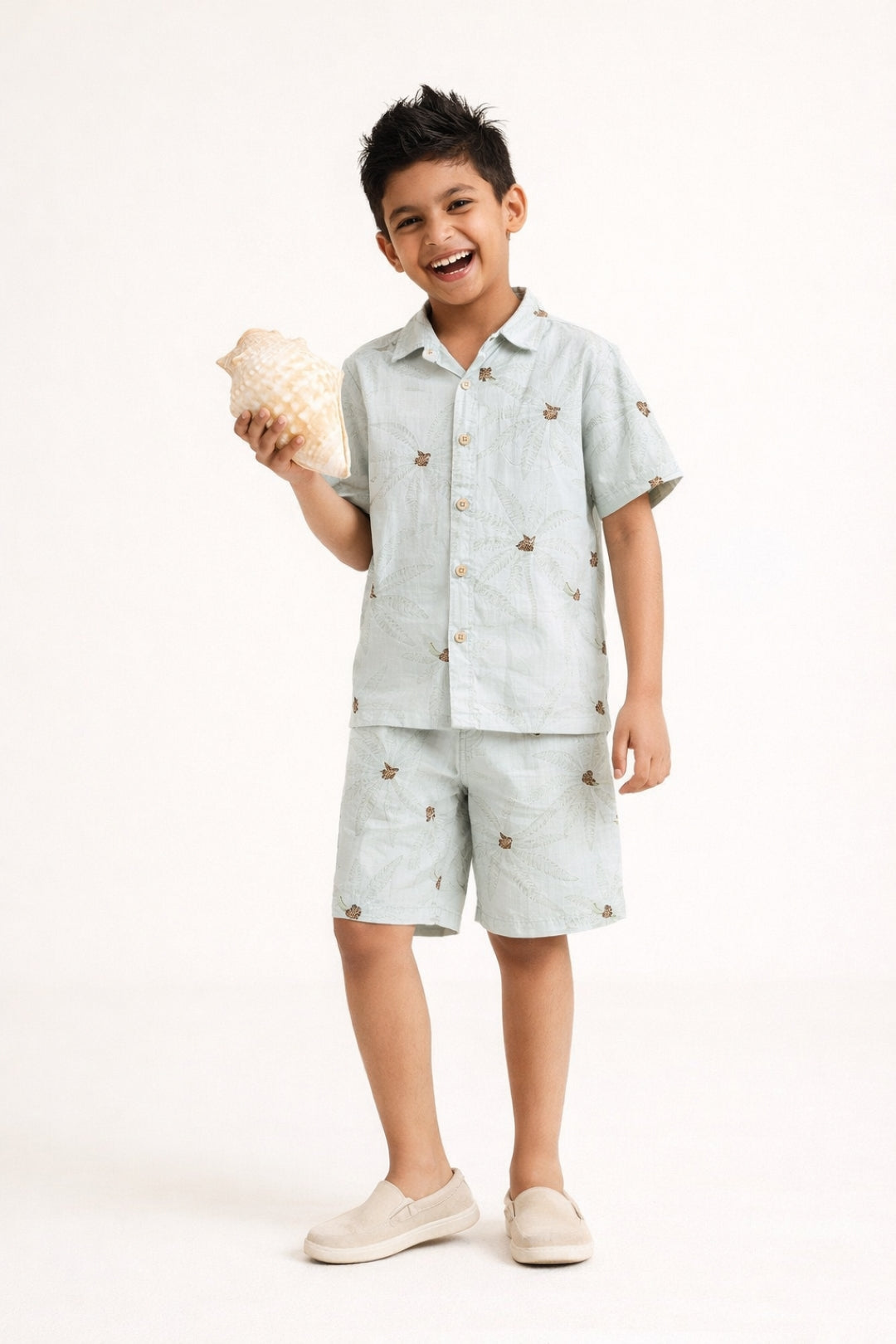 Boys Cotton Off White Printed Shirt