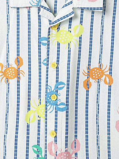 Boys Cotton Off White Animal Printed Shirt