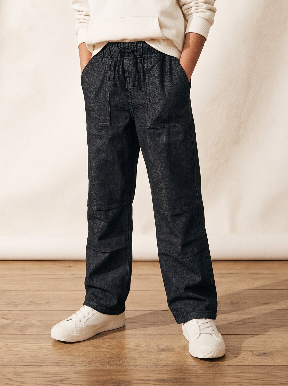 Boys & Girls Unisex Jet Black Cotton Denim Parachute Fit Pants