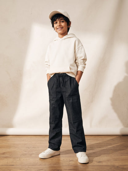 Boys & Girls Unisex Jet Black Cotton Denim Parachute Fit Pants
