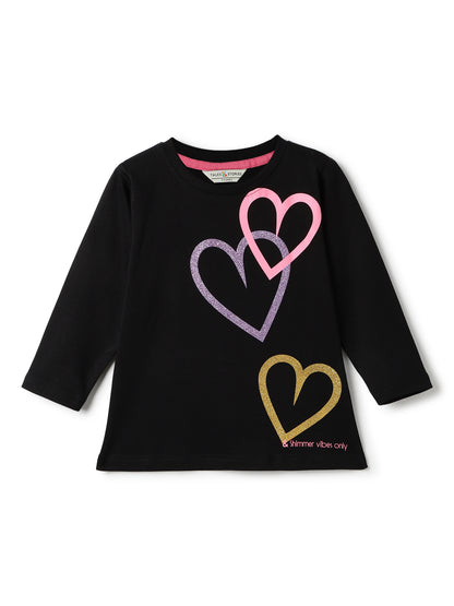Girls Cotton Black Printed T-Shirt
