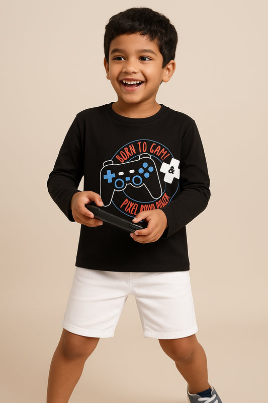 Boys Black Cotton Printed T-Shirt