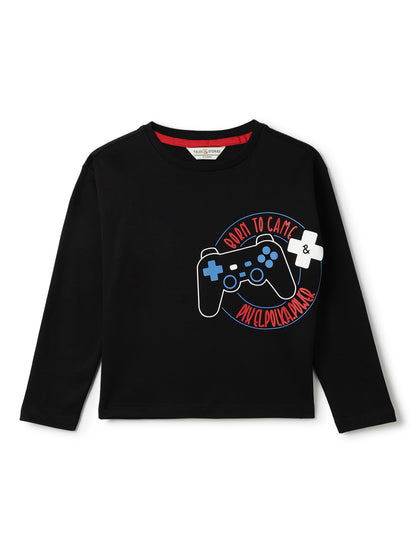 Boys Cotton Black Printed T-Shirt With Blue Lycra Denim Solid Relaxed Fit Jeans