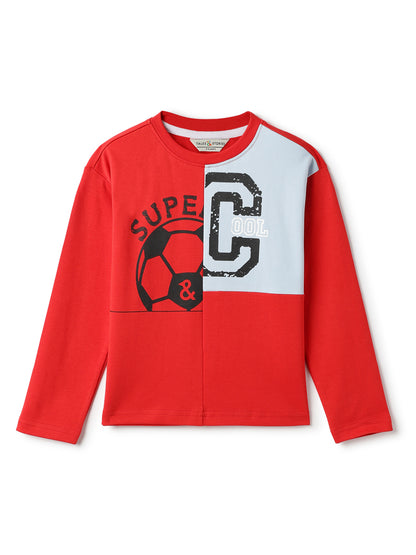 Boys Cotton Red Printed T-Shirt With Black Denim Solid Slim Fit Joggers