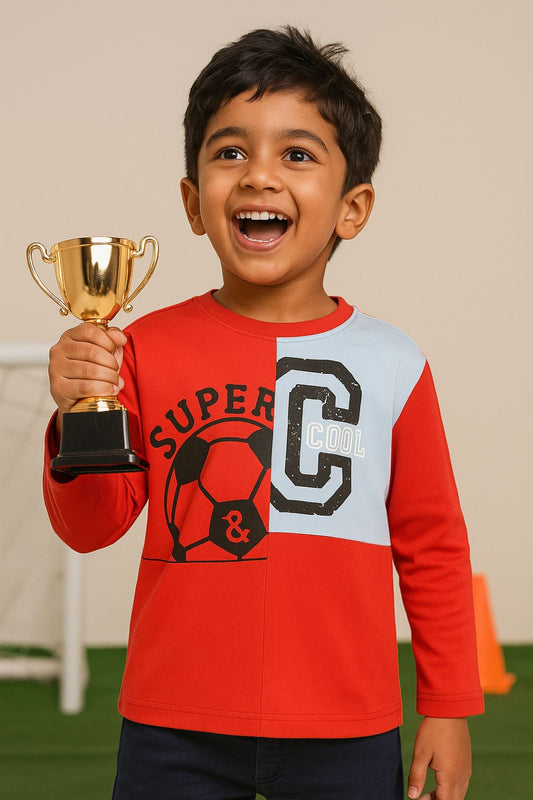 Boys Cotton Red Printed T-Shirt