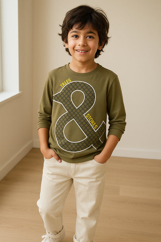 Boys Cotton Cotton Embroidered Olive T-Shirt