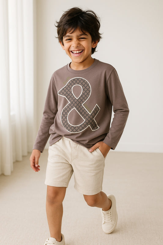 Boys Cotton Embroidered Grey Casual T-Shirt