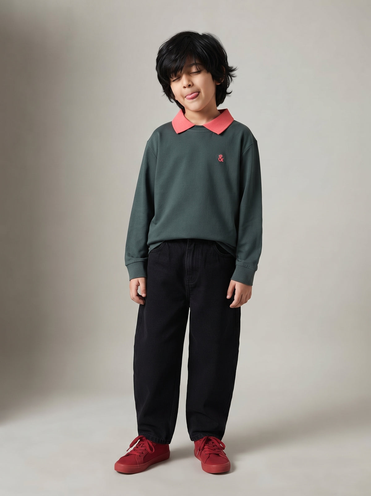 Boys Green Solid Full Sleeve Polo T-Shirt