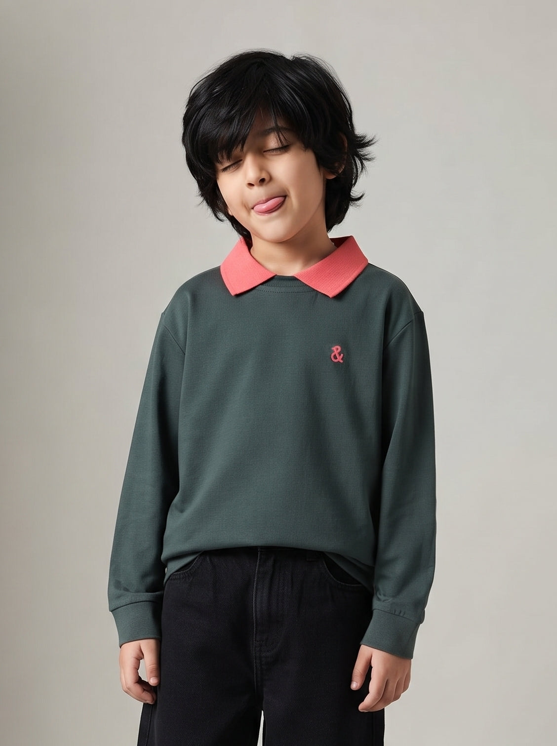 Boys Green Solid Full Sleeve Polo T-Shirt