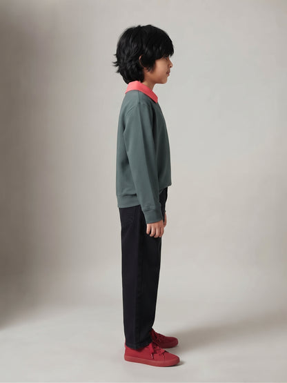 Boys Green Solid Full Sleeve Polo T-Shirt