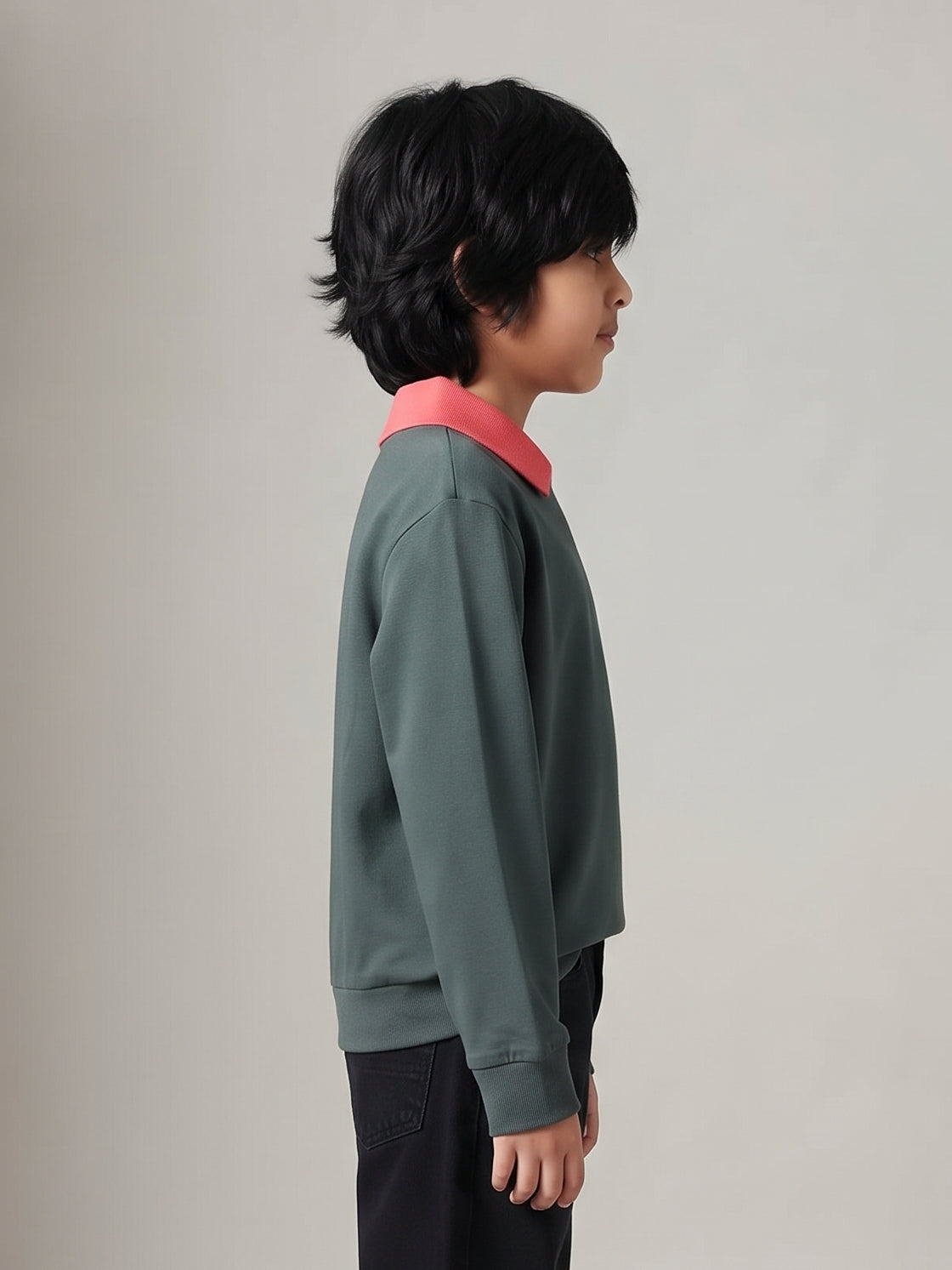 Boys Green Solid Full Sleeve Polo T-Shirt