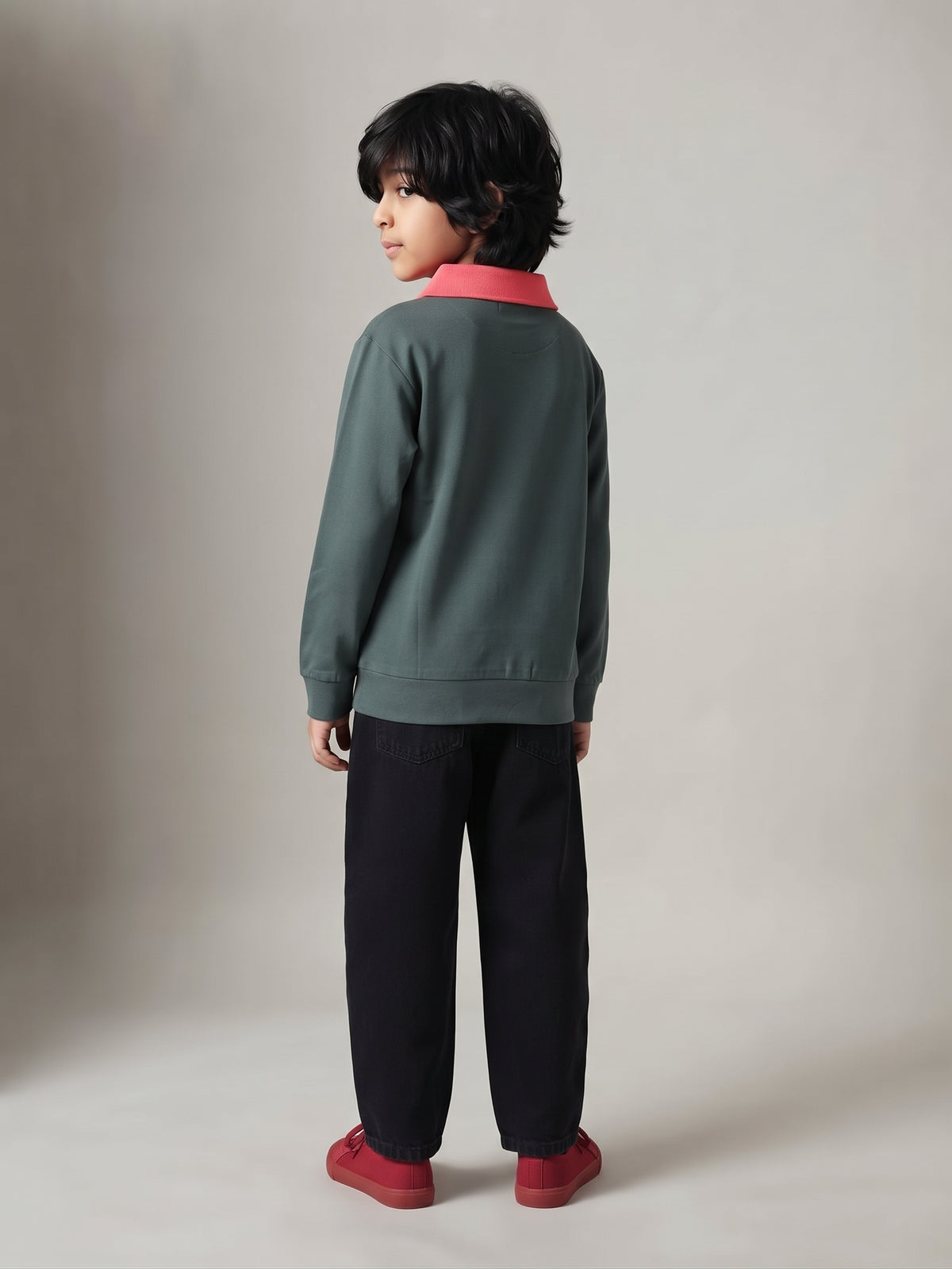 Boys Green Solid Full Sleeve Polo T-Shirt
