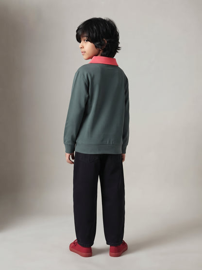 Boys Green Solid Full Sleeve Polo T-Shirt