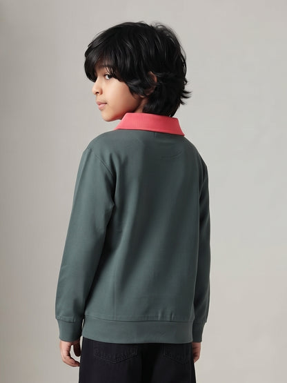 Boys Green Solid Full Sleeve Polo T-Shirt