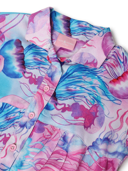 Girls Pink & Blue Viscose Print Shirt