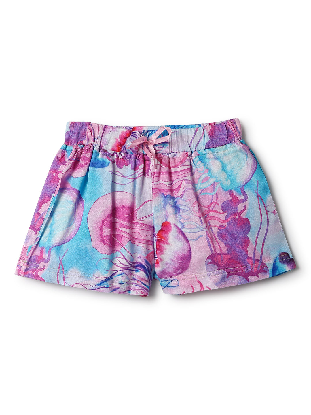 Girls Pink & Blue Viscose Print Shorts