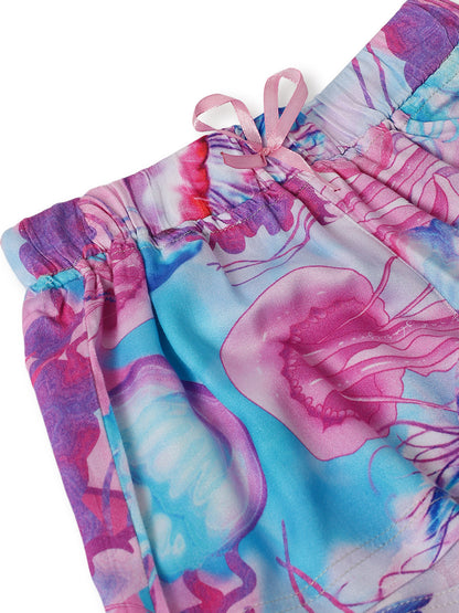 Girls Pink & Blue Viscose Print Shorts