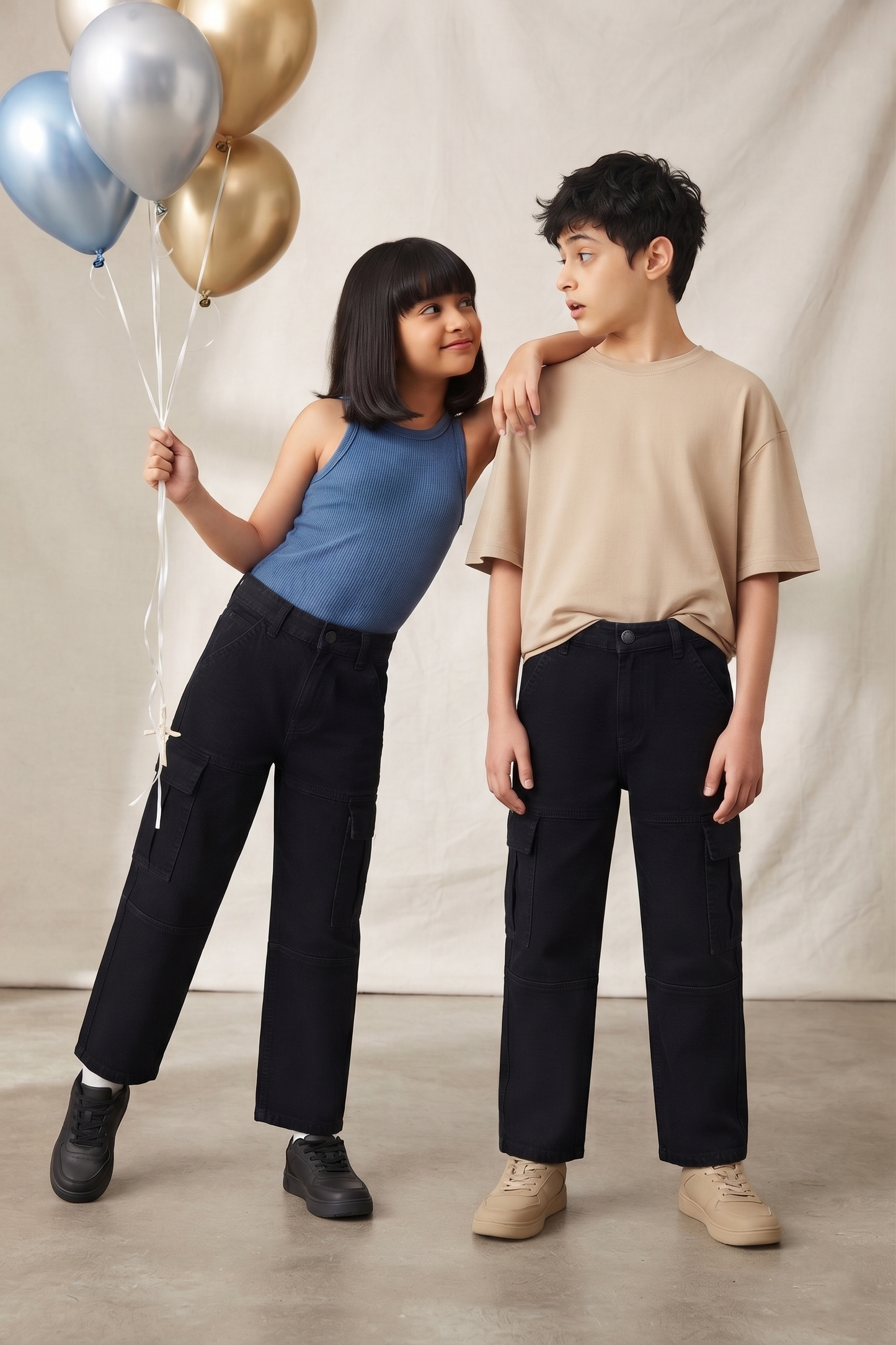 Boys & Girls Unisex Black Baggy Fit Stretchable Denim Cargo Jeans