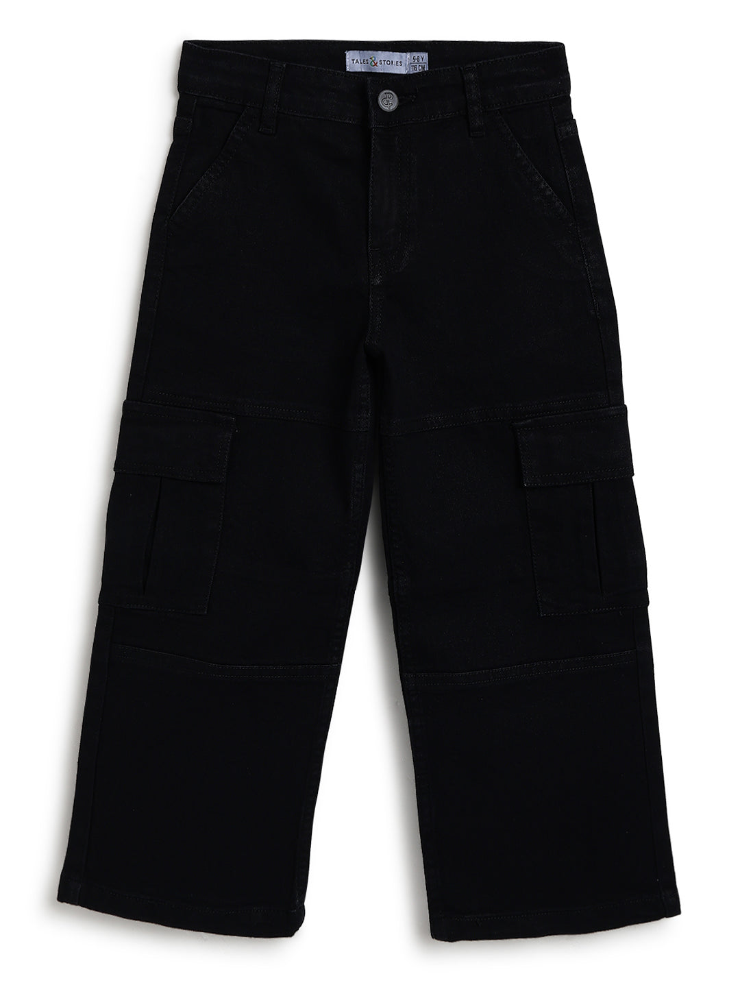Boys & Girls Unisex Black Baggy Fit Stretchable Denim Cargo Jeans