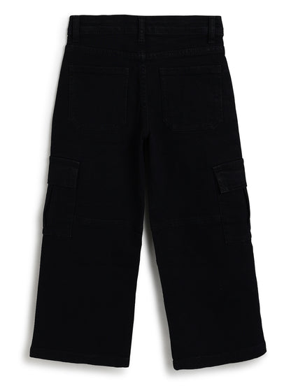 Boys & Girls Unisex Black Baggy Fit Stretchable Denim Cargo Jeans