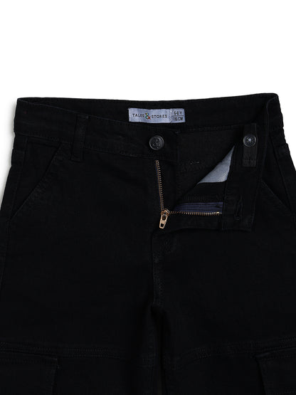Boys & Girls Unisex Black Baggy Fit Stretchable Denim Cargo Jeans