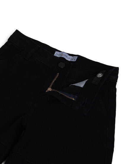 Boys & Girls Unisex Black Baggy Fit Stretchable Denim Cargo Jeans