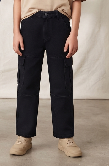 Boys & Girls Unisex Black Baggy Fit Stretchable Denim Cargo Jeans