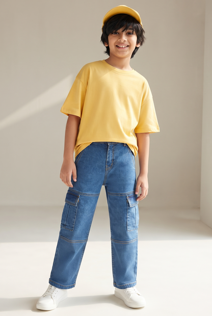 Boys & Girls Unisex Blue Baggy Fit Stretchable Denim Cargo Jeans