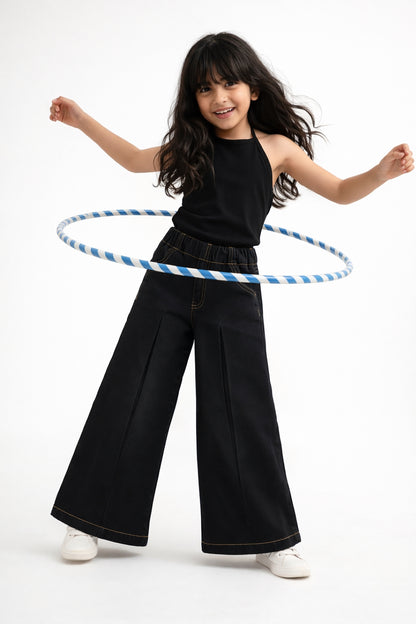 Girls Black Denim Elephant Leg Fit Jeans