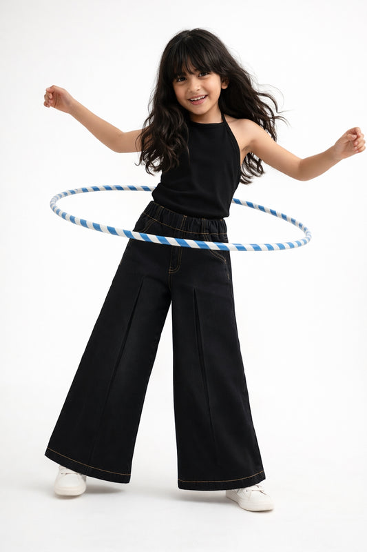 Girls Black Denim Elephant Leg Fit Jeans