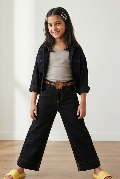 Girls Black Elephant Leg Denim Jeans with Belt