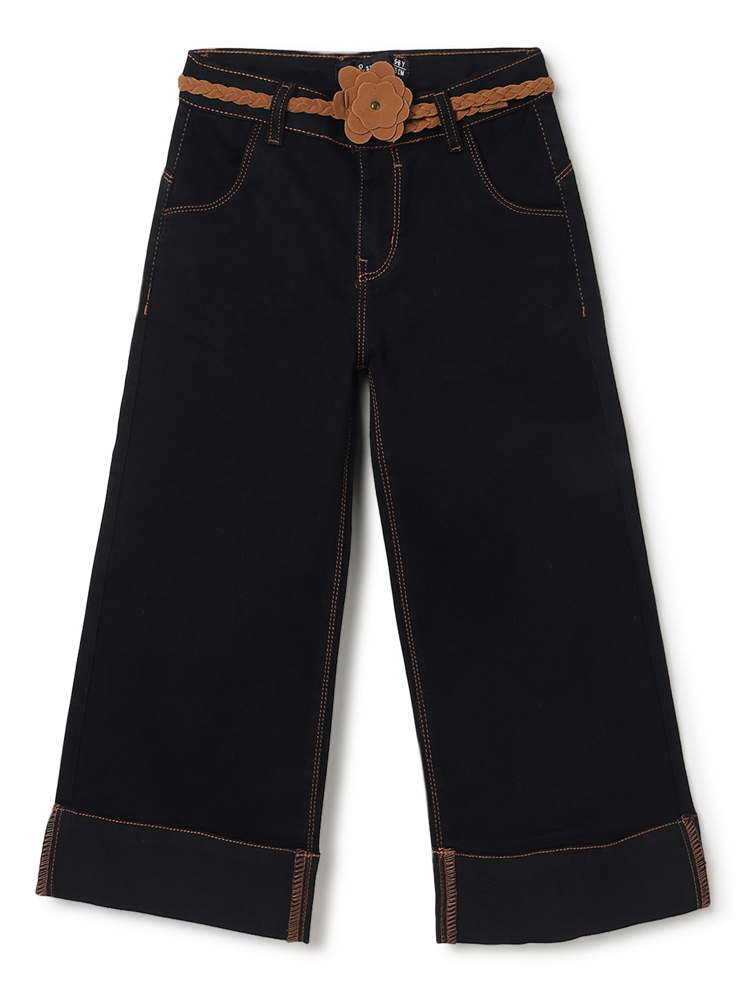 Girls Black Elephant Leg Denim Jeans with Belt