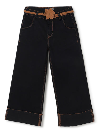 Girls Black Elephant Leg Denim Jeans with Belt